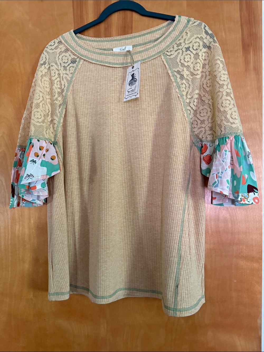 easel Cream Lace Tunic with Floral Ruffle Bell Sleeves NWT